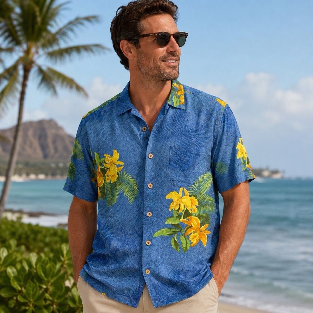 Tommy Bahama 100% Silk Hawaiian Camp Shirt Mens Small Blue Yellow Floral Bright